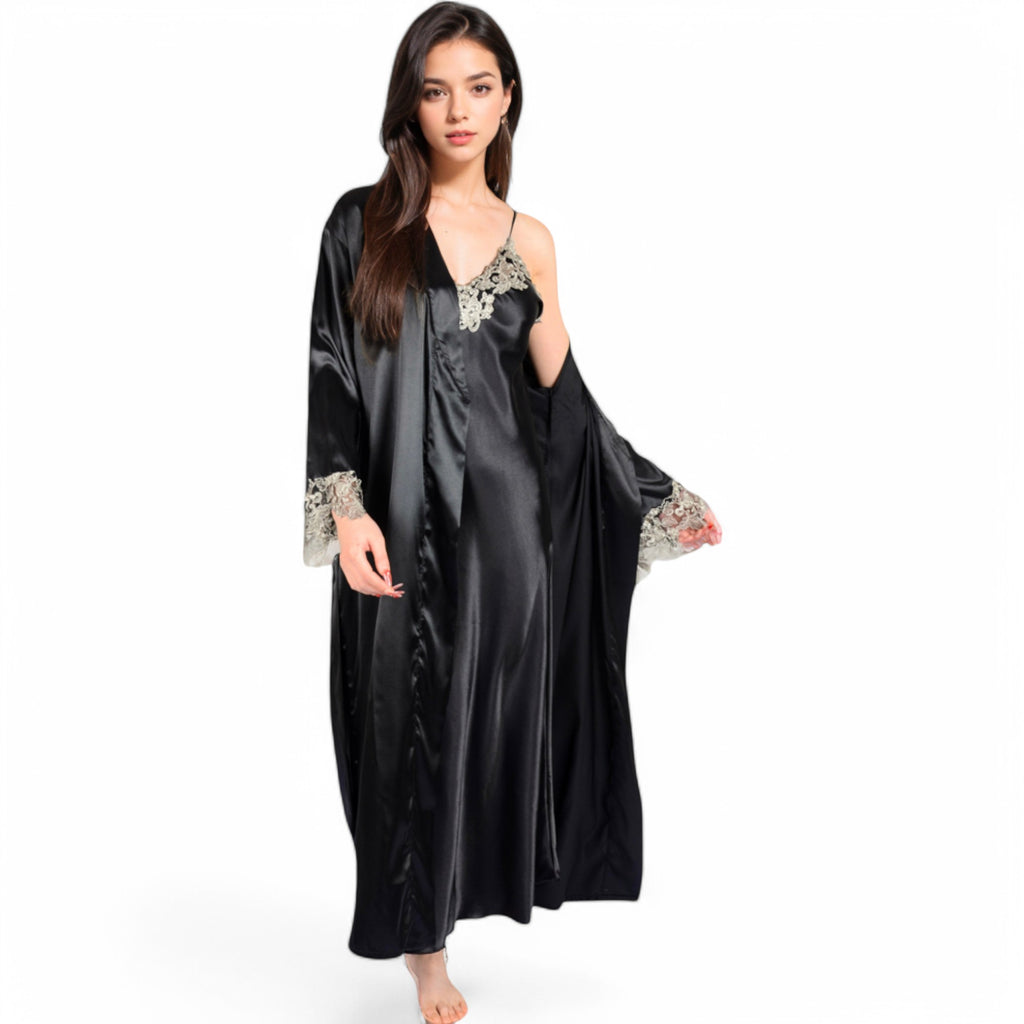Anna-Kaci Women's Satin Long Robe and Lace Trim Nightgown Set- Black,Small