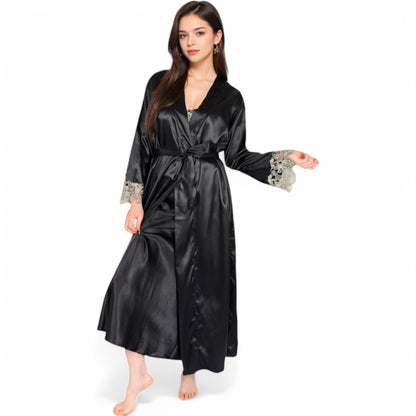 Anna-Kaci Women's Satin Long Robe and Lace Trim Nightgown Set- Black,Small