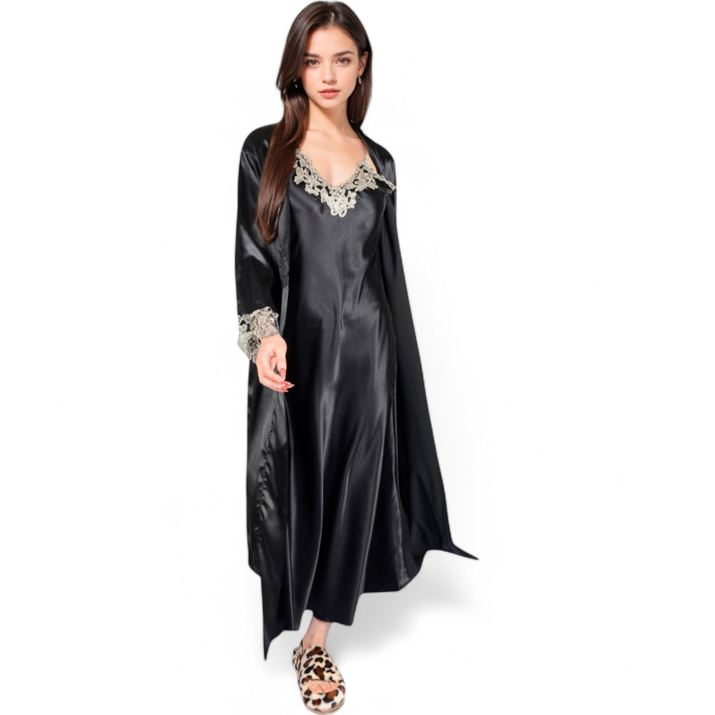 Anna-Kaci Women's Satin Long Robe and Lace Trim Nightgown Set- Black,Small