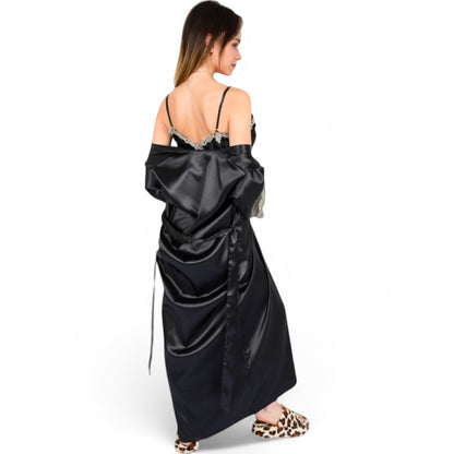 Anna-Kaci Women's Satin Long Robe and Lace Trim Nightgown Set- Black,Small