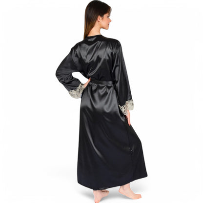 Anna-Kaci Women's Satin Long Robe and Lace Trim Nightgown Set- Black,Small