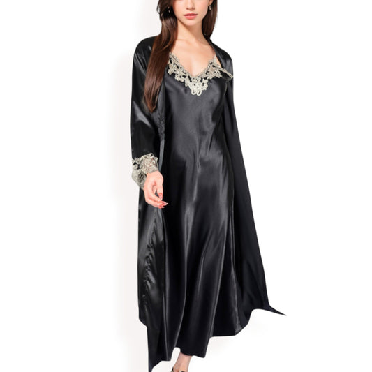 Anna-Kaci Women's Satin Long Robe and Lace Trim Nightgown Set- Black,Small