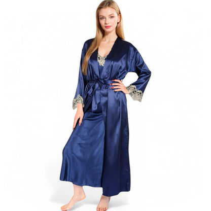 Anna-Kaci Women's Satin Long Robe and Lace Trim Nightgown Set- Black,Small