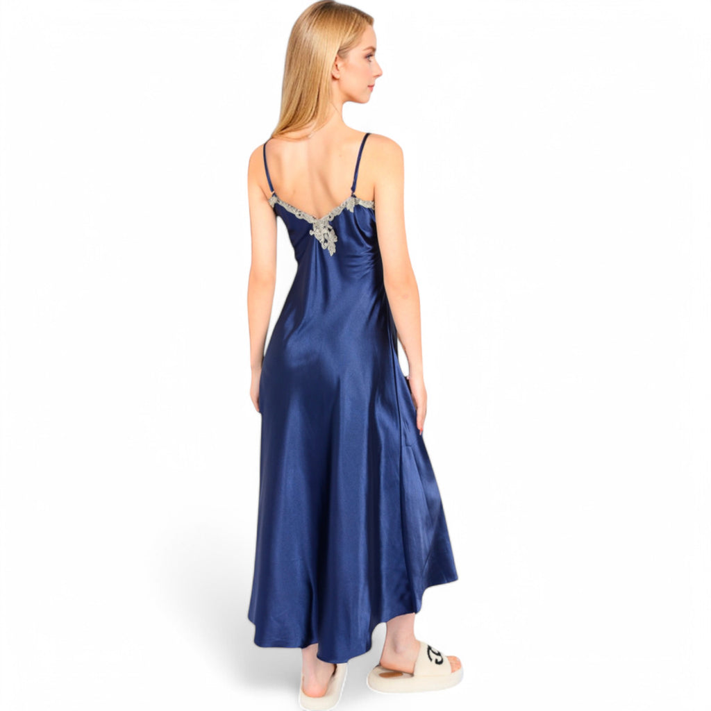Anna-Kaci Women's Satin Long Robe and Lace Trim Nightgown Set- Black,Small