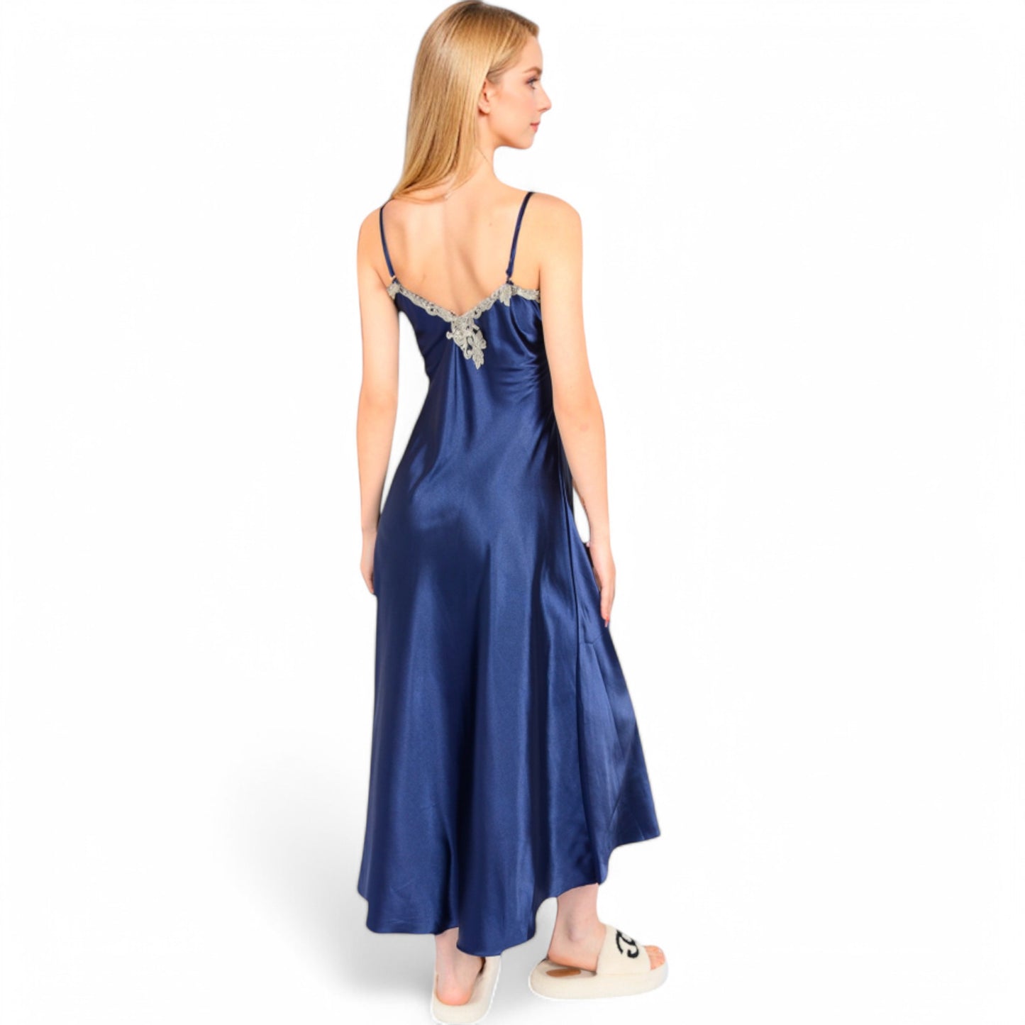 Anna-Kaci Women's Satin Long Robe and Lace Trim Nightgown Set- Black,Small