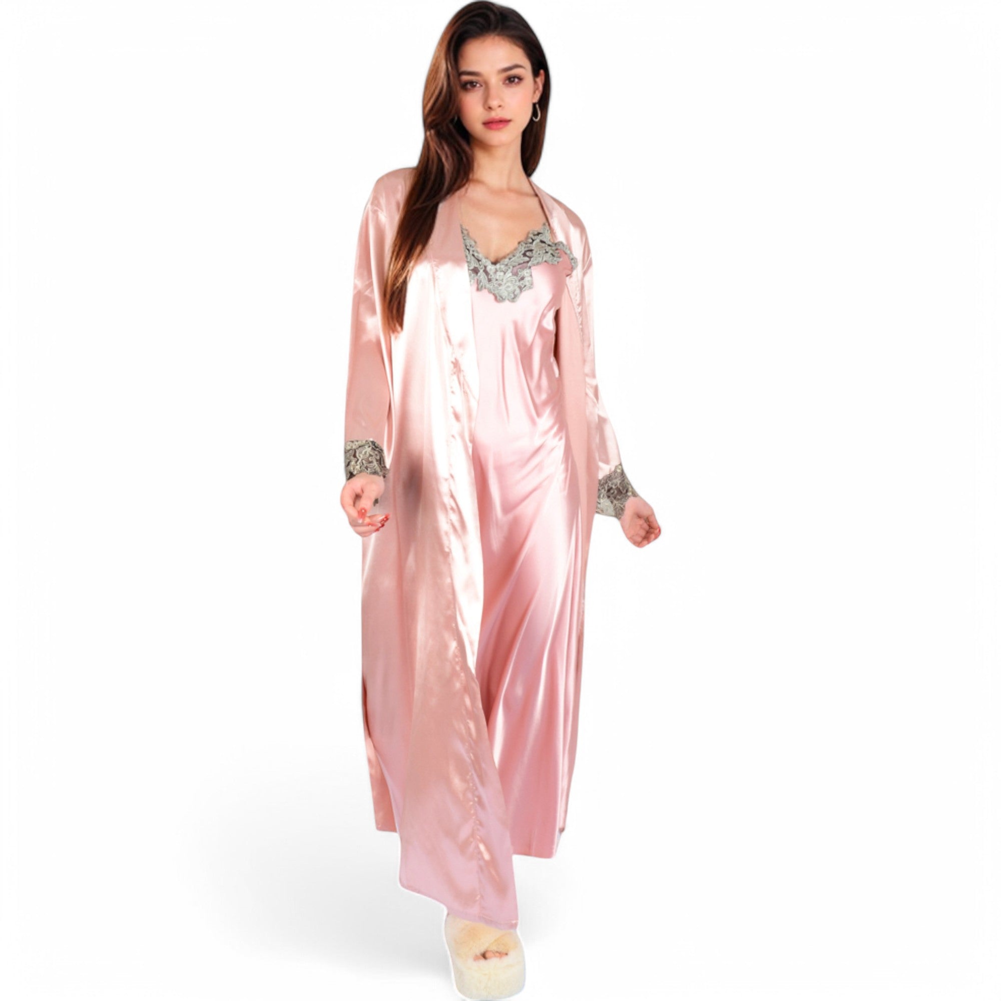 Anna-Kaci Women's Satin Long Robe and Lace Trim Nightgown Set- Black,Small
