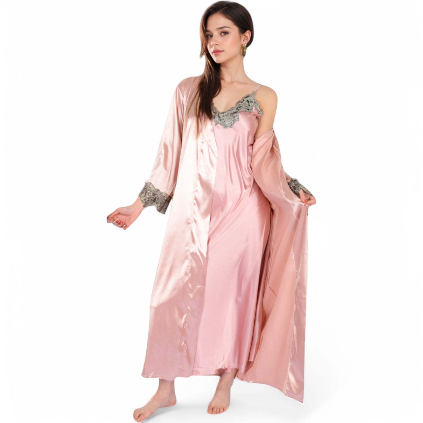 Anna-Kaci Women's Satin Long Robe and Lace Trim Nightgown Set- Black,Small