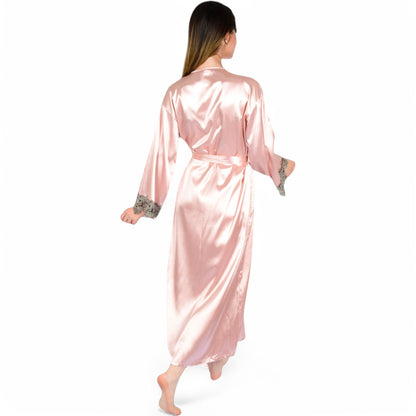 Anna-Kaci Women's Satin Long Robe and Lace Trim Nightgown Set- Black,Small