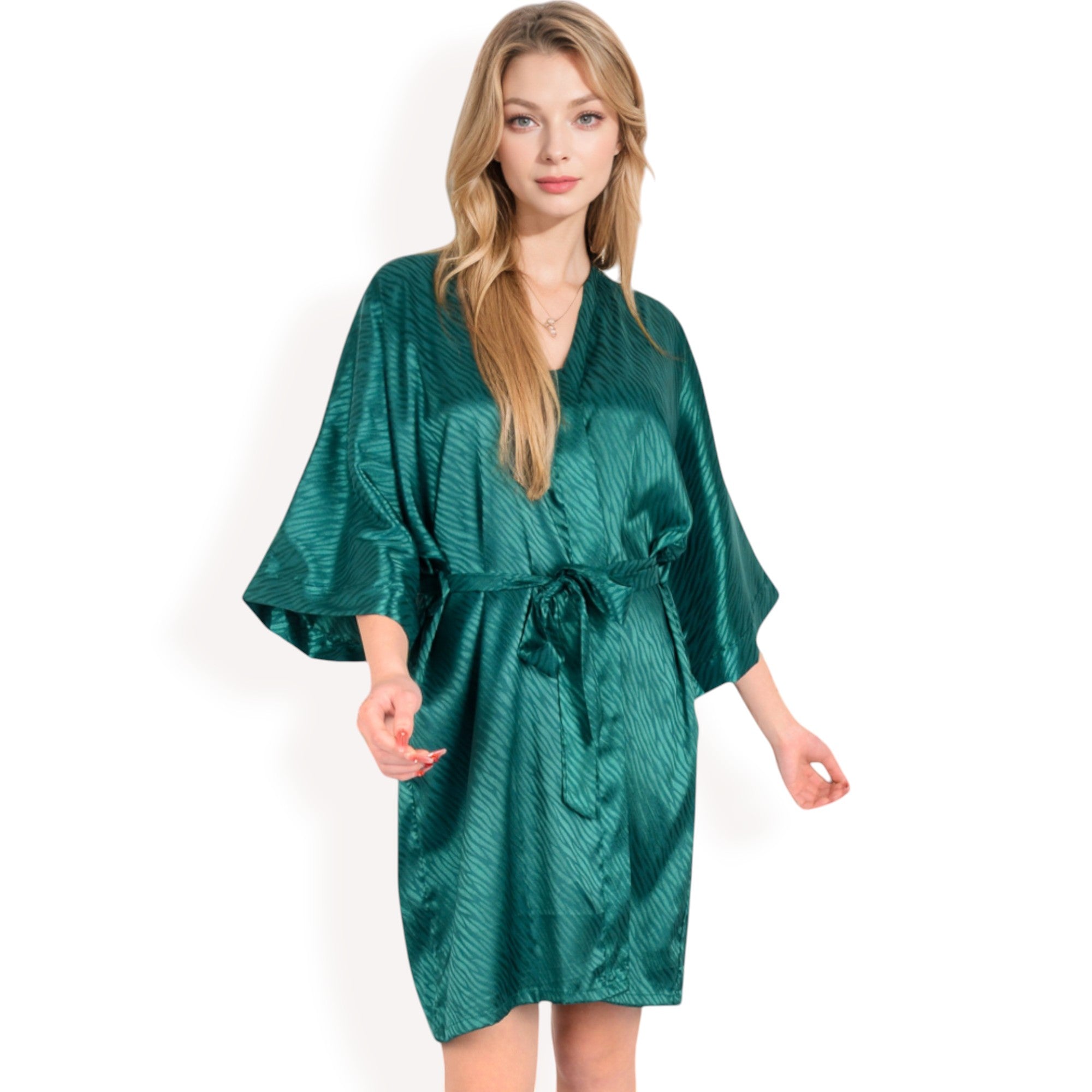Anna-Kaci Women's Satin Duster Robe with Tie Waist and Wide Sleeves- Dark Olive,Small