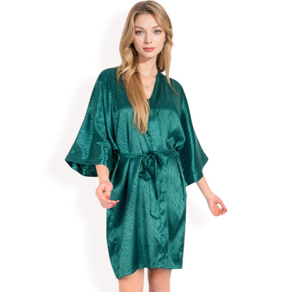 Anna-Kaci Women's Satin Duster Robe with Tie Waist and Wide Sleeves- Dark Olive,Small