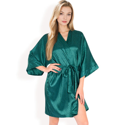 Anna-Kaci Women's Satin Duster Robe with Tie Waist and Wide Sleeves- Dark Olive,Small
