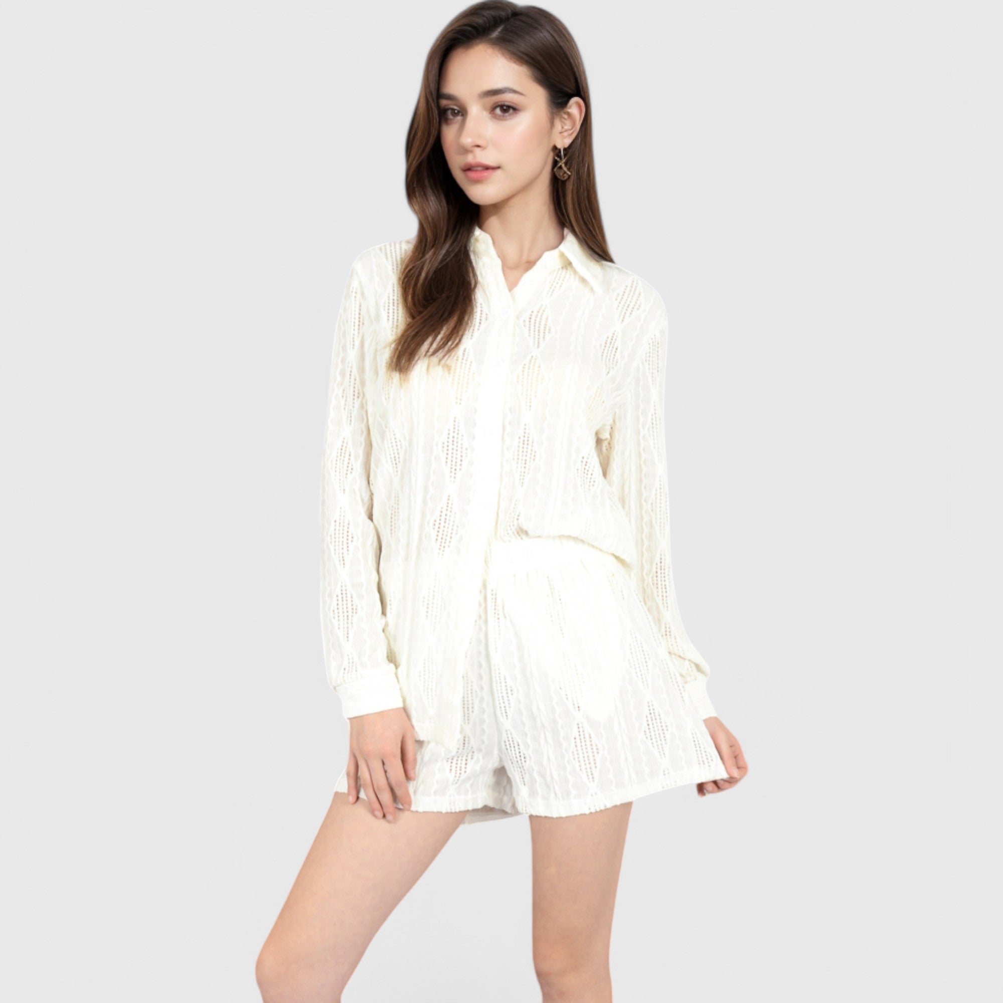 Anna-Kaci Women's Textured Button-Up Shirt and Shorts Lounge Set
