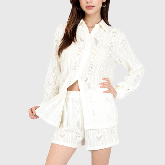 Anna-Kaci Women's Textured Button-Up Shirt and Shorts Lounge Set