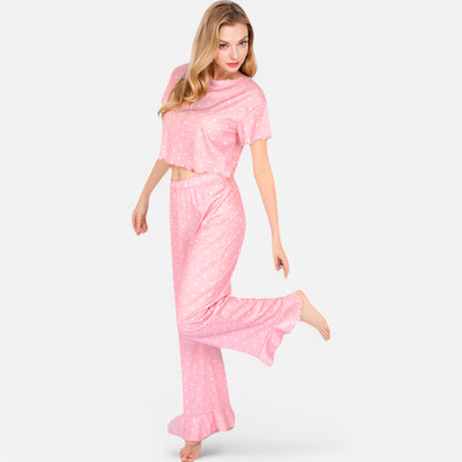 Anna-Kaci Lounge Women's Short Sleeve Lounge Set with Wide Leg Pants and Relaxed Fit