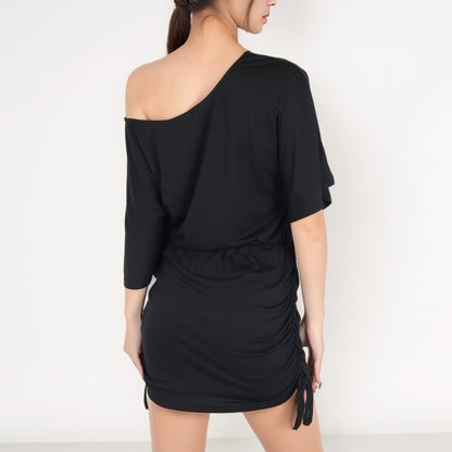 Anna-Kaci Women's Off-Shoulder Batwing Sleeve Drawstring Ruched Mini Dress