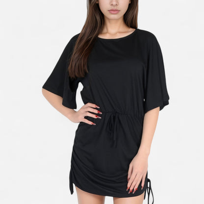 Anna-Kaci Women's Off-Shoulder Batwing Sleeve Drawstring Ruched Mini Dress