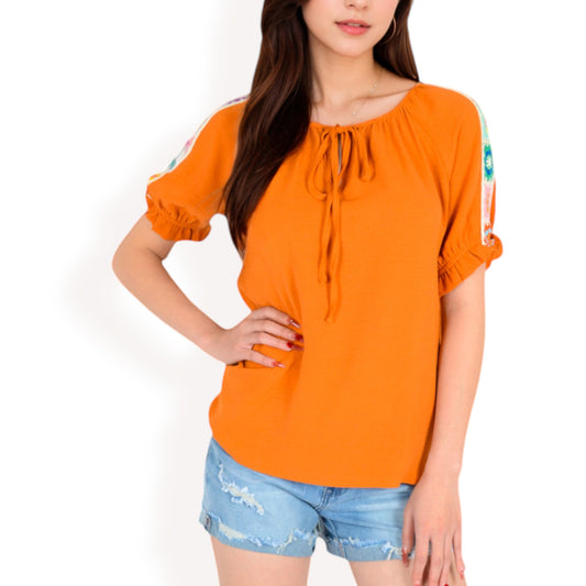 Anna-Kaci Women's Short Sleeve Peasant Top with Embroidered Shoulder Details and Tie Neck