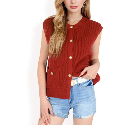 Anna-Kaci Women's Sleeveless Knit Cardigan Vest with Button Front and Pocket Detail