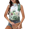 Anna-Kaci Women's Satin Floral Sleeveless Blouse with Mock Neck and Shoulder Bow Accent