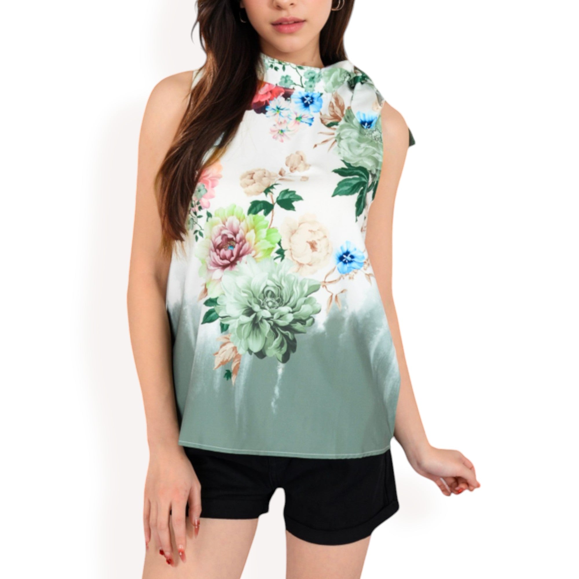 Anna-Kaci Women's Floral Print High Neck Blouse with Side Bow Tie Detail
