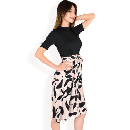 Anna-Kaci Women's High Neck Short Sleeve Dress with Contrast Leaf Print A-Line Skirt and Tie Waist