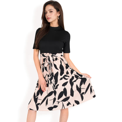 Anna-Kaci Women's High Neck Short Sleeve Dress with Contrast Leaf Print A-Line Skirt and Tie Waist