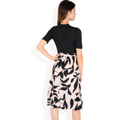 Anna-Kaci Women's High Neck Short Sleeve Dress with Contrast Leaf Print A-Line Skirt and Tie Waist