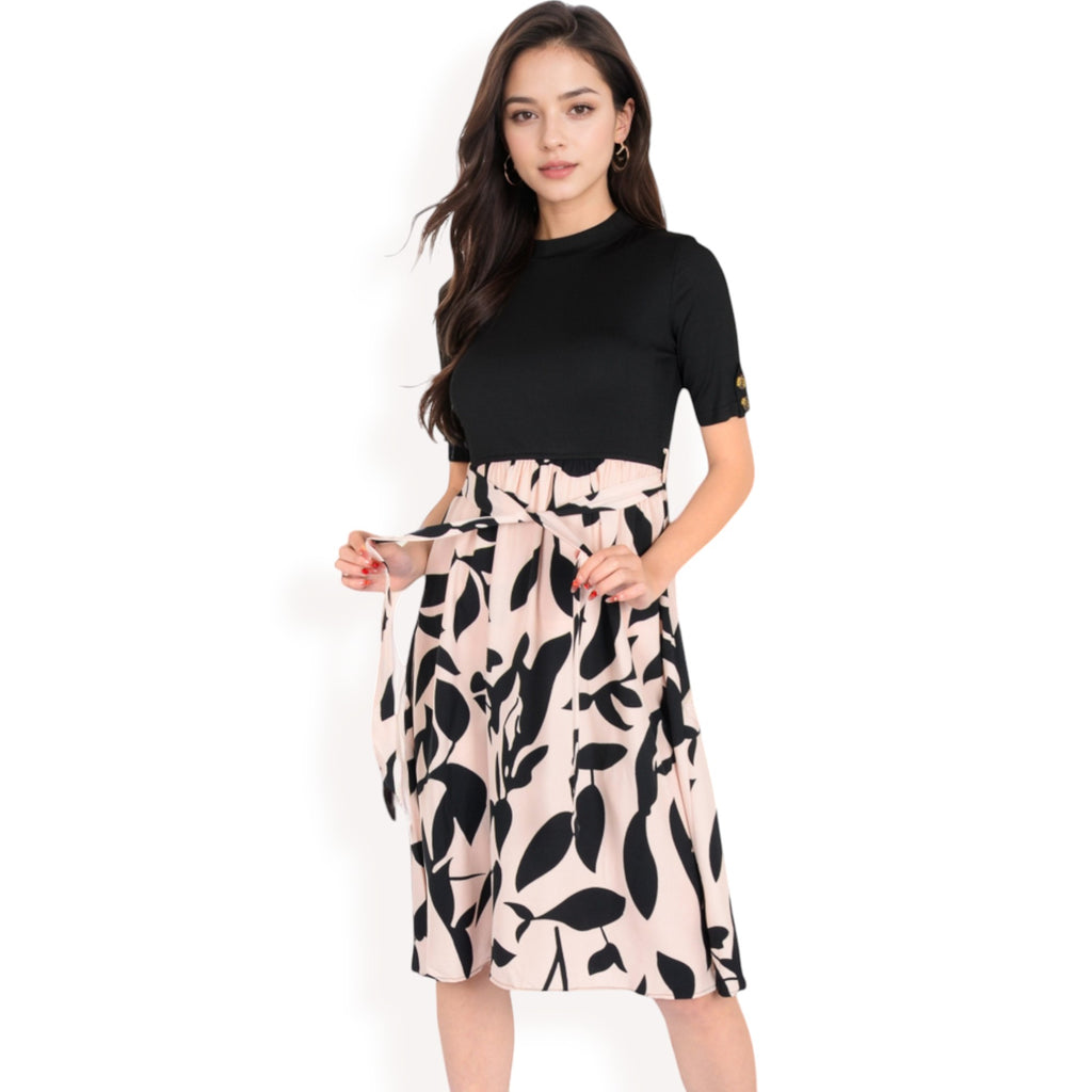 Anna-Kaci Women's High Neck Short Sleeve Dress with Contrast Leaf Print A-Line Skirt and Tie Waist