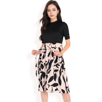 Anna-Kaci Women's High Neck Short Sleeve Dress with Contrast Leaf Print A-Line Skirt and Tie Waist