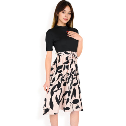 Anna-Kaci Women's High Neck Short Sleeve Dress with Contrast Leaf Print A-Line Skirt and Tie Waist