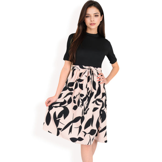 Anna-Kaci Women's High Neck Short Sleeve Dress with Contrast Leaf Print A-Line Skirt and Tie Waist