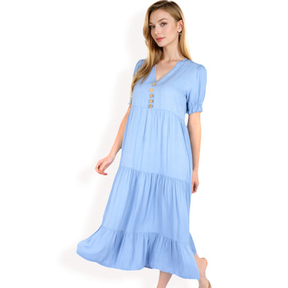 Anna-Kaci Women's Puff Sleeve Tiered Midi Dress with Button Front Detail and Smocked Cuffs