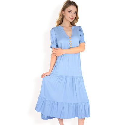 Anna-Kaci Women's Puff Sleeve Tiered Midi Dress with Button Front Detail and Smocked Cuffs