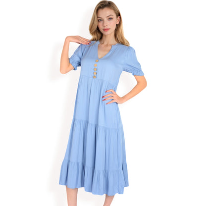 Anna-Kaci Women's Puff Sleeve Tiered Midi Dress with Button Front Detail and Smocked Cuffs