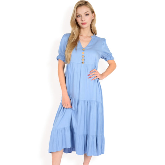 Anna-Kaci Women's Puff Sleeve Tiered Midi Dress with Button Front Detail and Smocked Cuffs