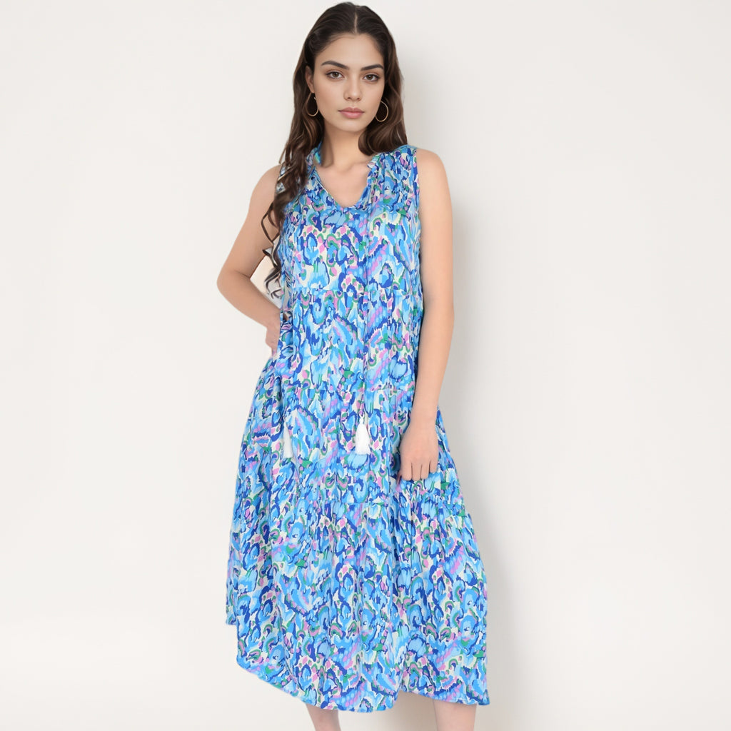 Anna-Kaci Women's Sleeveless Tiered Maxi Dress with Vibrant Abstract Print and Tassel Tie Detail