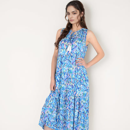Anna-Kaci Women's Sleeveless Tiered Maxi Dress with Vibrant Abstract Print and Tassel Tie Detail