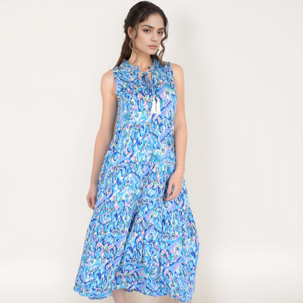 Anna-Kaci Women's Sleeveless Tiered Maxi Dress with Vibrant Abstract Print and Tassel Tie Detail