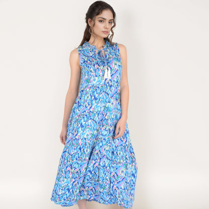 Anna-Kaci Women's Sleeveless Tiered Maxi Dress with Vibrant Abstract Print and Tassel Tie Detail