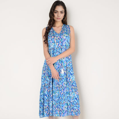 Anna-Kaci Women's Sleeveless Tiered Maxi Dress with Vibrant Abstract Print and Tassel Tie Detail