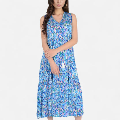 Anna-Kaci Women's Sleeveless Tiered Maxi Dress with Vibrant Abstract Print and Tassel Tie Detail