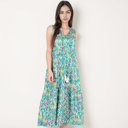 Anna-Kaci Women's Sleeveless Tiered Maxi Dress with Vibrant Abstract Print and Tassel Tie Detail