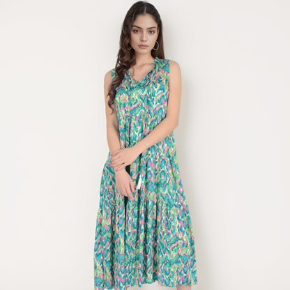 Anna-Kaci Women's Sleeveless Tiered Maxi Dress with Vibrant Abstract Print and Tassel Tie Detail