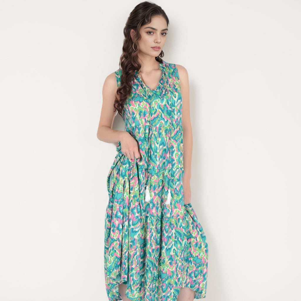 Anna-Kaci Women's Sleeveless Tiered Maxi Dress with Vibrant Abstract Print and Tassel Tie Detail