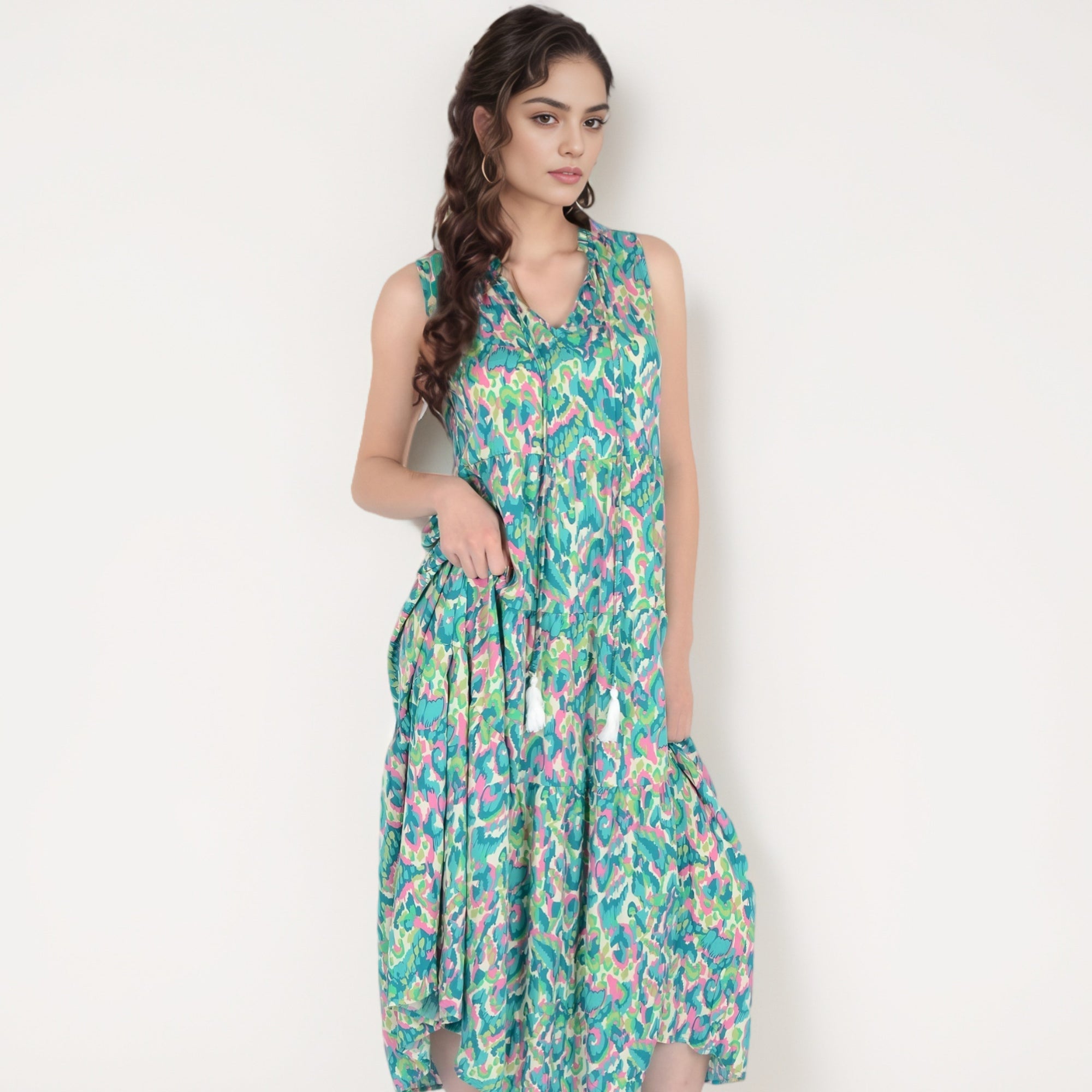 Anna-Kaci Women's Sleeveless Tiered Maxi Dress with Vibrant Abstract Print and Tassel Tie Detail