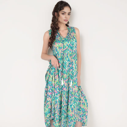 Anna-Kaci Women's Sleeveless Tiered Maxi Dress with Vibrant Abstract Print and Tassel Tie Detail