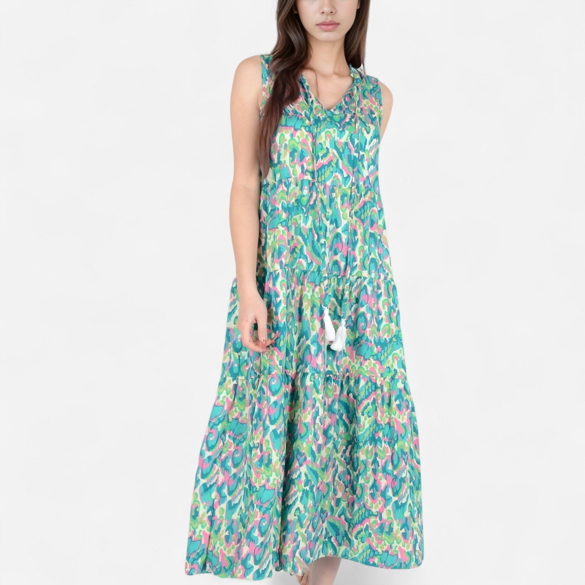 Anna-Kaci Women's Sleeveless Tiered Maxi Dress with Vibrant Abstract Print and Tassel Tie Detail