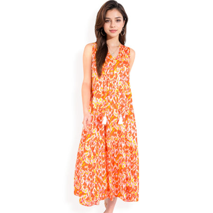Anna-Kaci Women's Sleeveless Tiered Maxi Dress with Vibrant Abstract Print and Tassel Tie Detail