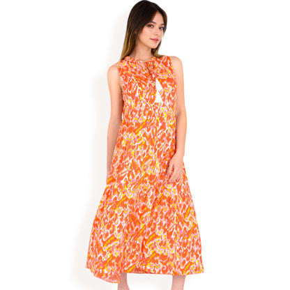 Anna-Kaci Women's Sleeveless Tiered Maxi Dress with Vibrant Abstract Print and Tassel Tie Detail