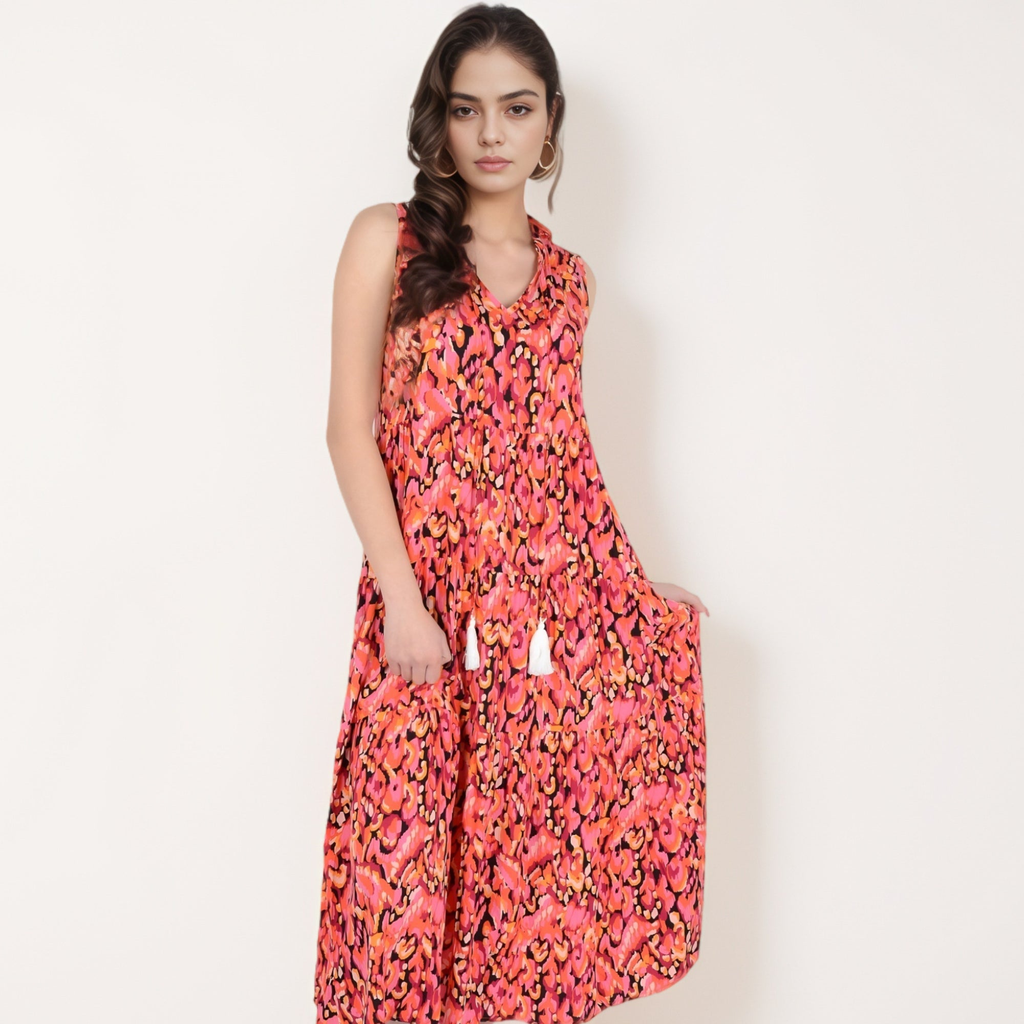 Anna-Kaci Women's Sleeveless Tiered Maxi Dress with Vibrant Abstract Print and Tassel Tie Detail